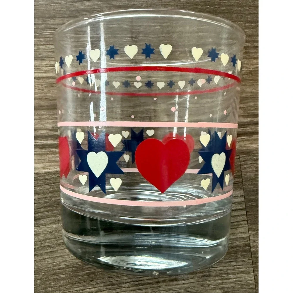 Vintage Anchor Hocking 1987 Patriotic Hearts Stars Red White Blue Tumbler Glass